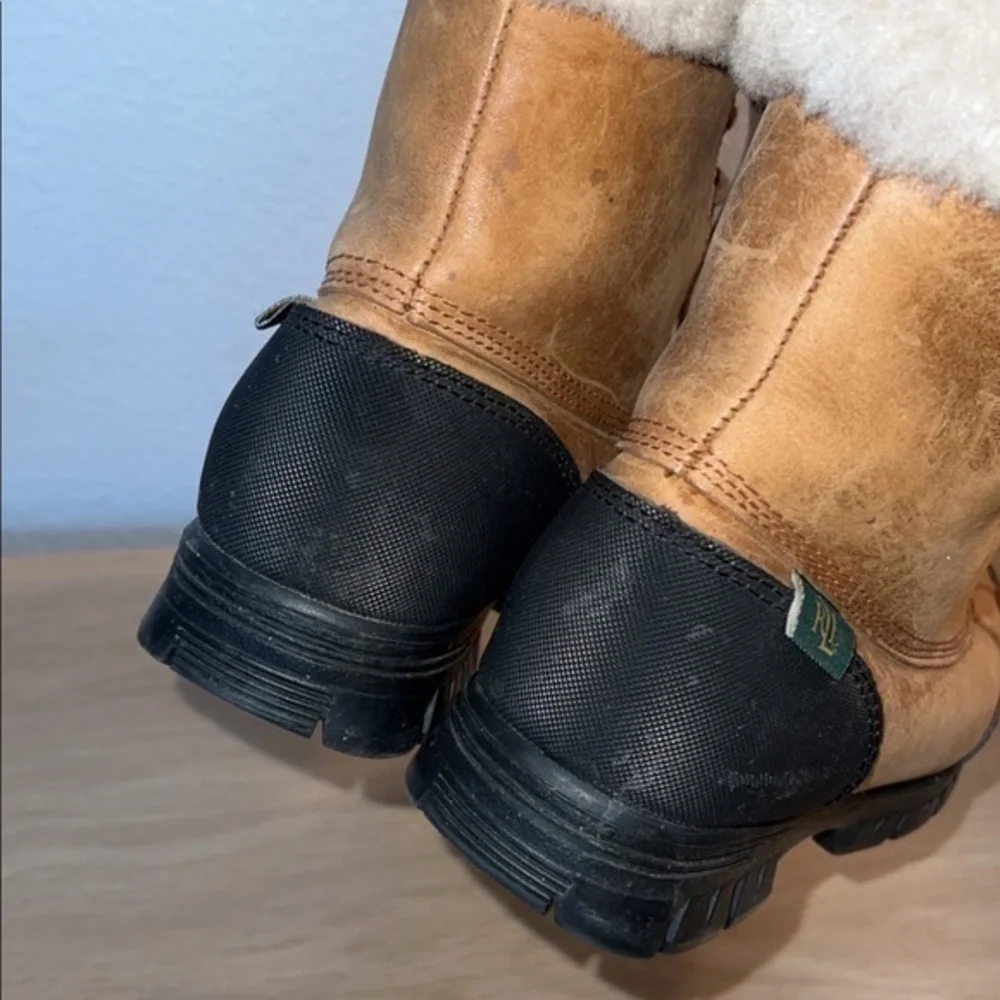 Ralph Lauren‎ Quinta Tan Brown Leather Shearling Mid Calf Winter Boots
